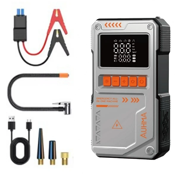 Auhma A8822 Jump Starter / Akü Takviye Cihazı | 4'ü 1 Arada Powerbank, Hava Kompresörü,10.000MAH 150PSI Gri ürün görseli 1