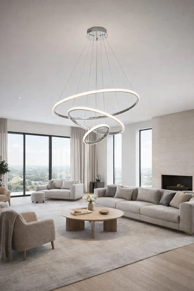 KAFKAS KROM Modern LED Sarkıt Avize 3 Halkalı Tasarım ürün görseli 1