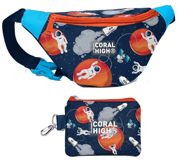 Coral High Erkek Çocuk Lacivert Mavi Astronot Desenli Bel Çantası ve Bozuk Para Cüzdanı Set ürün görseli 1