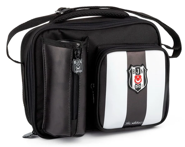 Beşiktaş Çubuk Desenli Siyah Beyaz Okul Beslenme Çantası - Suni Deri Ön Yüz - 25358 ürün görseli 1