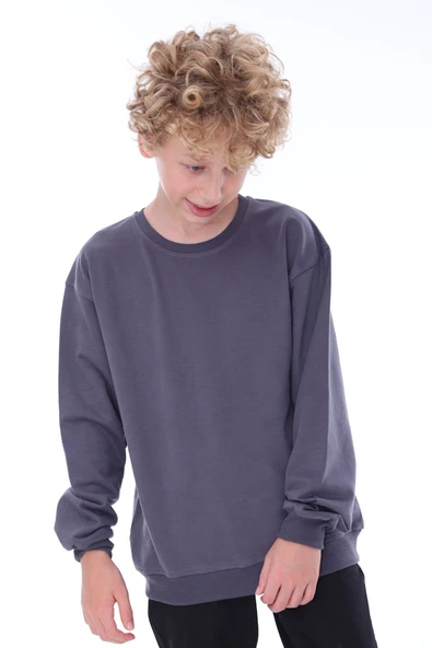 Oversize Unisex Basic Düz Antrasit Renk %100 Pamuk Sweatshirt (2-11 Yaş) ürün görseli 1