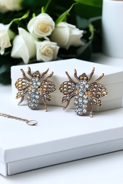 Kristal Taşlı Arı Figürlü Küpe - Resim 5