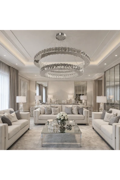 60x45 DAİRE GÜMÜŞ 2 KATLI KRİSTAL MODERN AVİZE - Resim 2