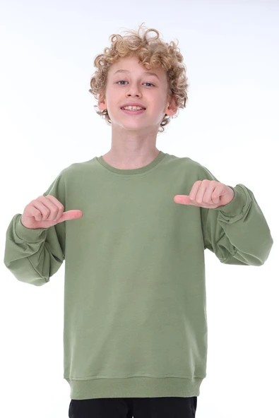 Oversize Unisex Basic Düz Haki Renk %100 Pamuk Sweatshirt (2-11 Yaş) ürün görseli 1