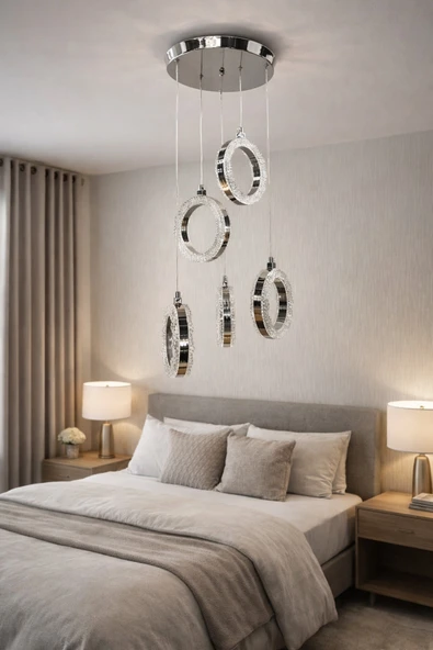 KAFKAS 5 Lİ KRİSTAL HALKA SARKIT GÜMÜŞ LED AVİZE ürün görseli 1