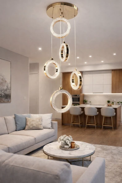 KAFKAS 5 Lİ KRİSTAL HALKA SARKIT LED AVİZE ürün görseli 1