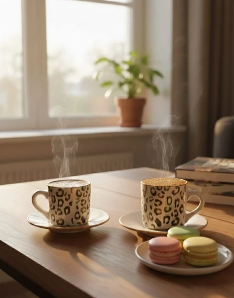 Seramik Trend Kahve Fincan Takımı Leopar Desenli 2 Kişilik Özel Tasarım Modern Lüx ürün görseli 1