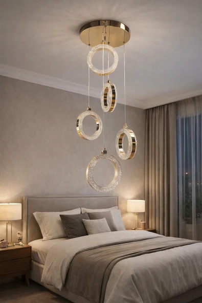 KAFKAS 5 Lİ KRİSTAL HALKA SARKIT LED AVİZE - Resim 2