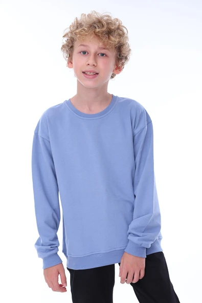 Oversize Unisex Basic Düz Mavi Renk %100 Pamuk Sweatshirt (2-11 Yaş) ürün görseli 1