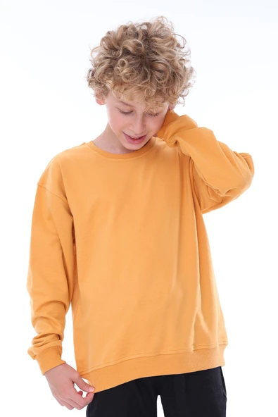 Oversize Unisex Basic Düz Hardal Renk %100 Pamuk Sweatshirt (2-11 Yaş) ürün görseli 1