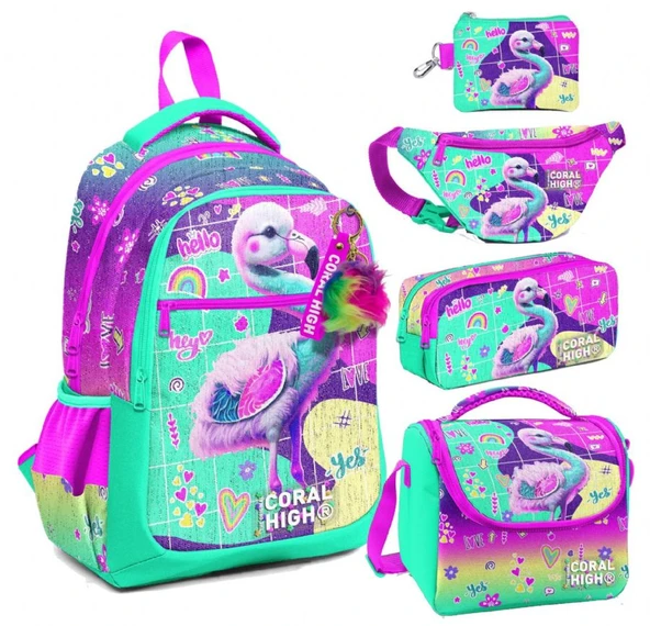 Coral High Pembe Su Yeşili Flamingo Desenli Kız Çocuk Beşli Okul Çanta Seti - İlkokul İçin Uygun ürün görseli 1