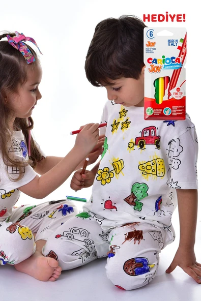 En Sevimli Figürleri Özel Kalemi ile BOYANABİLİR Çocuk Pijama Takımı (Yıkama Sonrası Leke Bırakmaz) ürün görseli 1