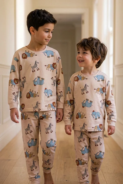 Sevimli Animal (Aslan-Zebra-Fil) Desenli Erkek Pijama Takımı ürün görseli 1