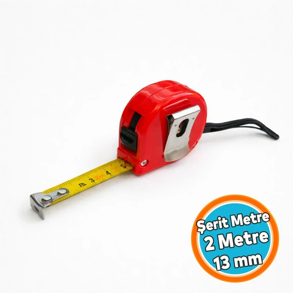 Şerit Metre 2 Metre 13 mm Stoplu Kilitli Mekanizma Dayanıklı Gövde Hassas Ölçüm El Tipi ürün görseli 1