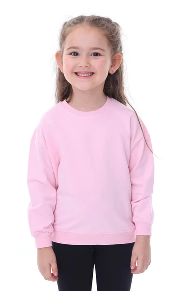 Basic Düz Renk Pembe Fırçalı Yumuşak %100 Pamuk Sweatshirt ürün görseli 1
