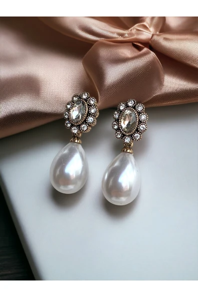 Oval Kristal Taşlı İnci Küpe - Resim 7