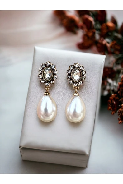 Oval Kristal Taşlı İnci Küpe - Resim 9