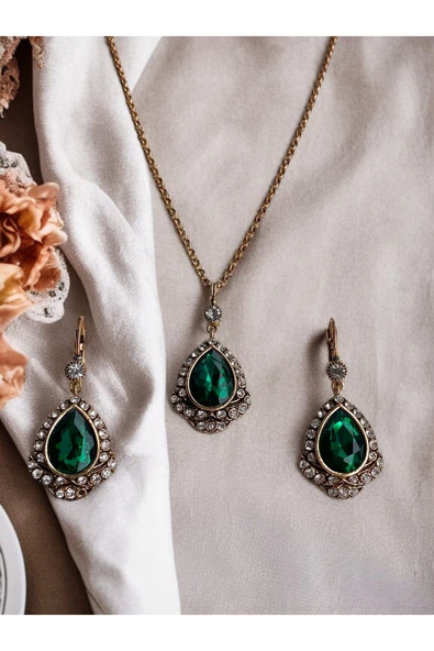Kristal Taşlı Antik Bronz Su Damlası Kolye ve Küpe Seti ürün görseli 1