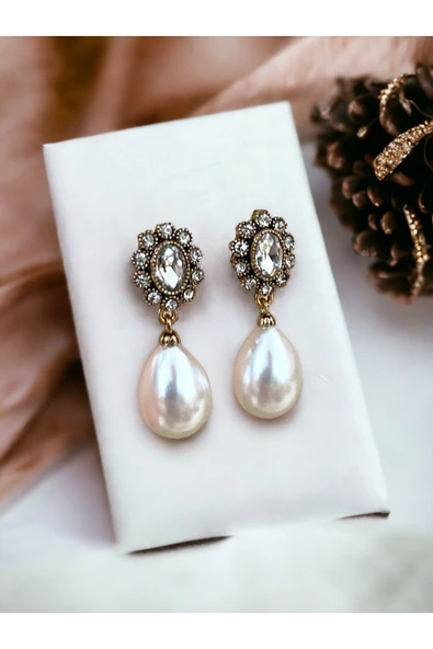 Oval Kristal Taşlı İnci Küpe - Resim 8