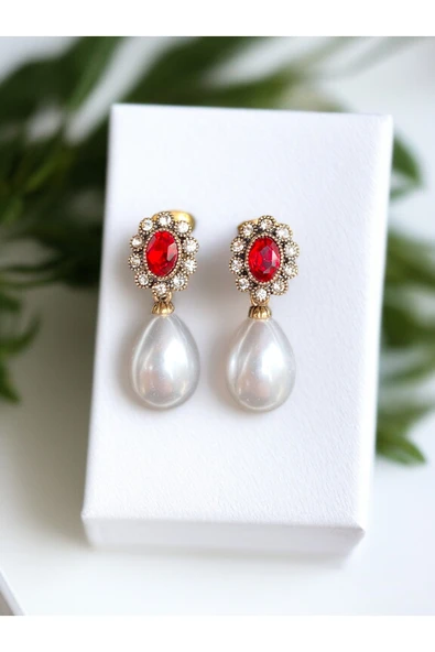 Oval Kristal Taşlı İnci Küpe - Resim 2