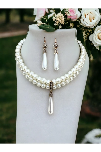 Kristal Taşlı İnci Sallantılı Tasma İnci Kolye ve İnci Küpe ürün görseli 1