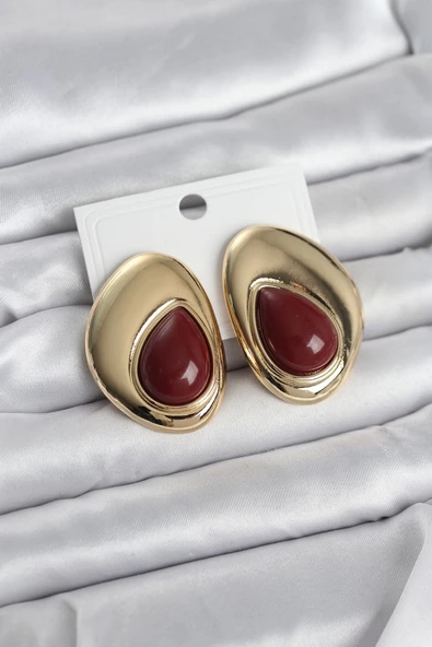 Pirinç Gold Renk Bordo Taşlı Damla Model Vintage Kadın Küpe - TJ-BKP11682 ürün görseli 1