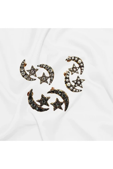 . Taşlı Black Diamond Ay Yıldız Küpe - Resim 5
