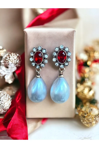Oval Kristal Taşlı İnci Küpe - Resim 4