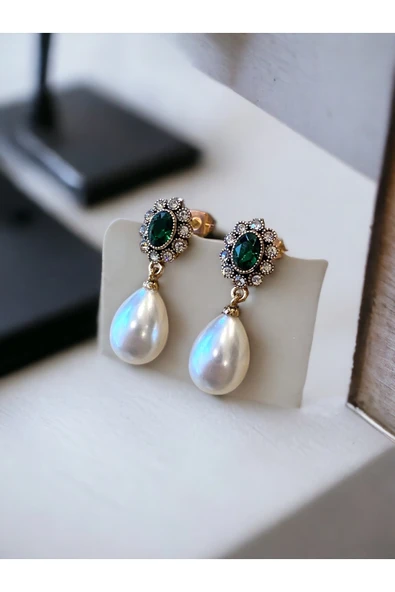 Oval Kristal Taşlı İnci Küpe - Resim 11