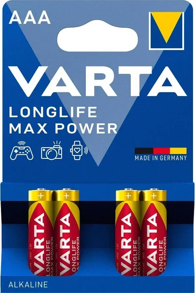 Varta Longlife Max Power AAA Alkalin İnce Kalem Pil, LR03, 1,5V, 4'lü Paket ürün görseli 1
