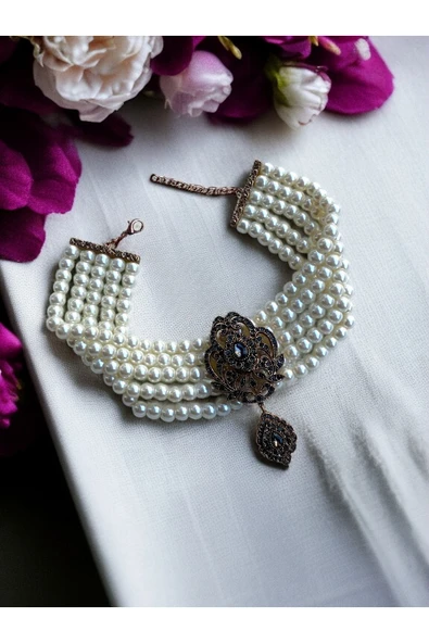 Zirkon Taşlı İnci Tasma Kolye - Resim 5