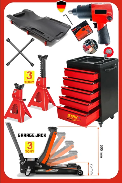 Atölye Kurulum Seti – 3 Ton Alçak Şase Kriko + Sehpa + 5 Çekmece Dolap + Havalı Bijon + Kızak Full ürün görseli 1