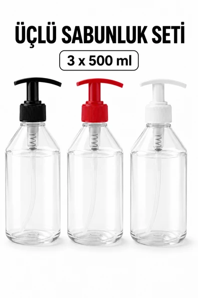 Sıvı Sabunluk Pompalı Şeffaf Dispenser 500 ml Üçlü Set ürün görseli 1