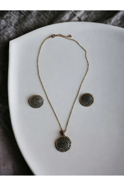 Black Diamond Taşlı Daire Kolye ve Küpe Seti ürün görseli 1
