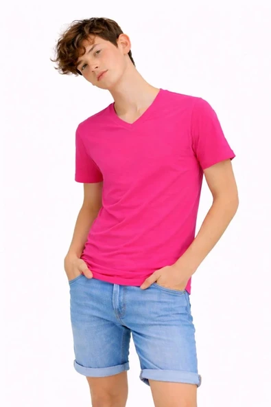 Genç Erkek Çocuk V Yaka Tişört Model - Pembe ürün görseli 1