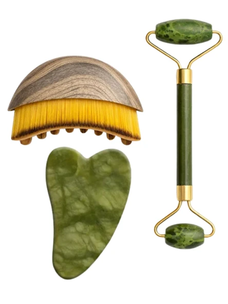 Mucit Home 3 Lü Lenf Drenaj Kuru Fırça ve Yeşim Taşı Roller 3 Lü Set Yüz, Boyun, Göz ve Vücut Masaj Aleti ürün görseli 1
