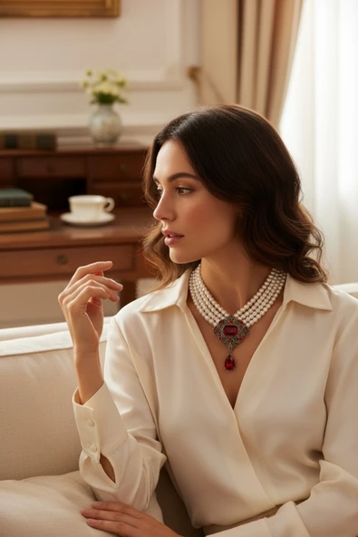 Kristal Taşlı İnci Kolye - Resim 2