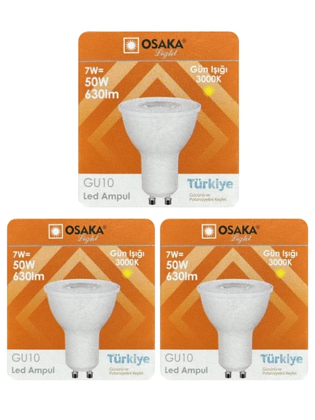(3 Adet) Osaka 7W (50W) Sarı Işık (3000K) GU10 Duylu Led Spot Ampul ürün görseli 1