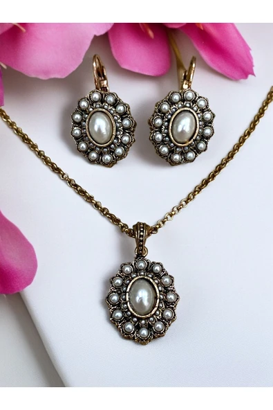 Oval Taşlı İnci Küpe ve Kolye Seti - Resim 6