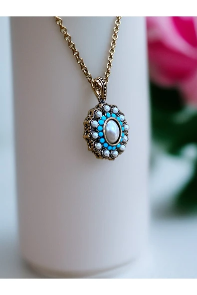 Oval Taşlı İnci Kolye - Resim 5