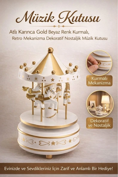 #MüzikKutusu Atlı Karınca Gold Beyaz Nostaljik Hediye Dekoratif Kurmalı Retro Mekanizma Müzik Kutusu ürün görseli 1