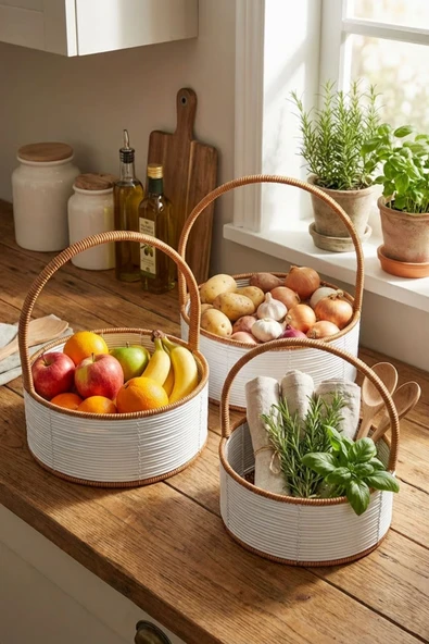 3 Parça Çok Amaçlı Rattan Sepet Seti – Modern Beyaz Seri ürün görseli 1