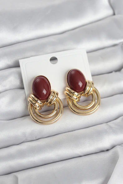 Pirinç Gold Renk Bordo Taşlı Vintage Kadın Küpe ürün görseli 1