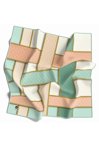 Twill Şeritleri Monogram Desenli Mint Yeşili - Somon Renkli 90x90 Eşarp (İpek İçermez) Dikim Şekli : El Dikişi ürün görseli 1