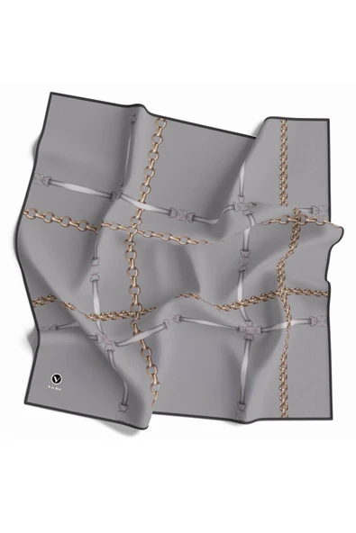 Soft Zincir Desenli Gri Renkli 90x90 Eşarp (İpek İçermez) Kenar Dikiş Şekli El Dikişli ürün görseli 1