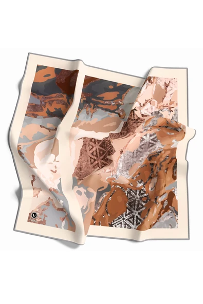 Kristal Batikli Ve Etnik Desenli Somon Renkli 90x90 Eşarp (İpek İçermez) Kenar Dikiş Şekli El Dikişli ürün görseli 1