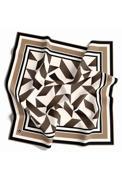 Twill Geometrik Desenli Bej Renkli 90x90 Eşarp (İpek İçermez) Kenar Dikiş Şekli El Dikişli ürün görseli 1