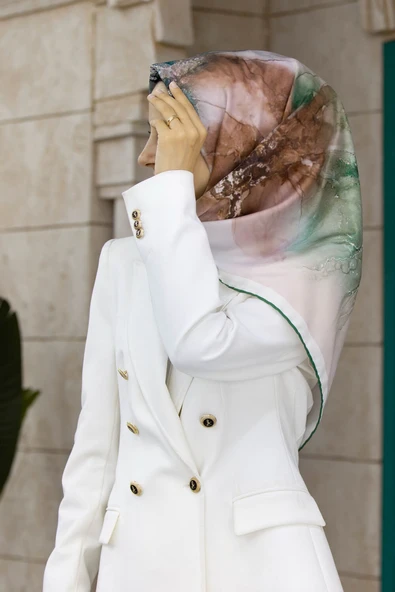 Twill Mermer Desenli Mint Yeşili Renkli 90x90 Eşarp (İpek İçermez) Dikim Şekli : El Dikişi ürün görseli 1