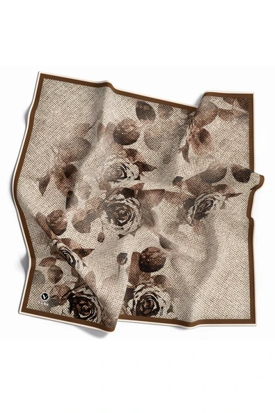 Twill Gül Desenli Bej Renkli 90x90 Eşarp (İpek İçermez) Kenar Dikiş Şekli El Dikişli ürün görseli 1