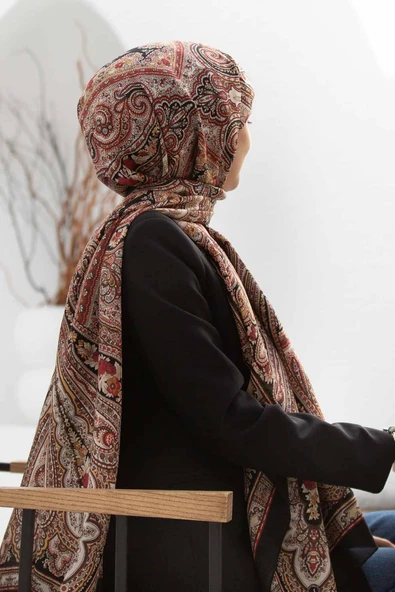 %100 İpek Etro Desenli Siyah - Bordo Renkli 92x210 Şal ürün görseli 1